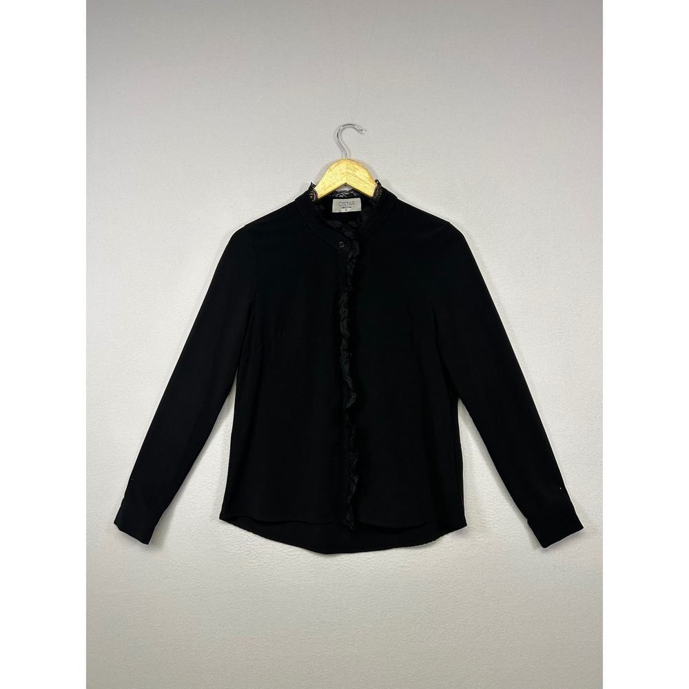 Dark Academia Cistar New York Womens Sm Black Lace Trim Ruffle Mock Neck Blouse